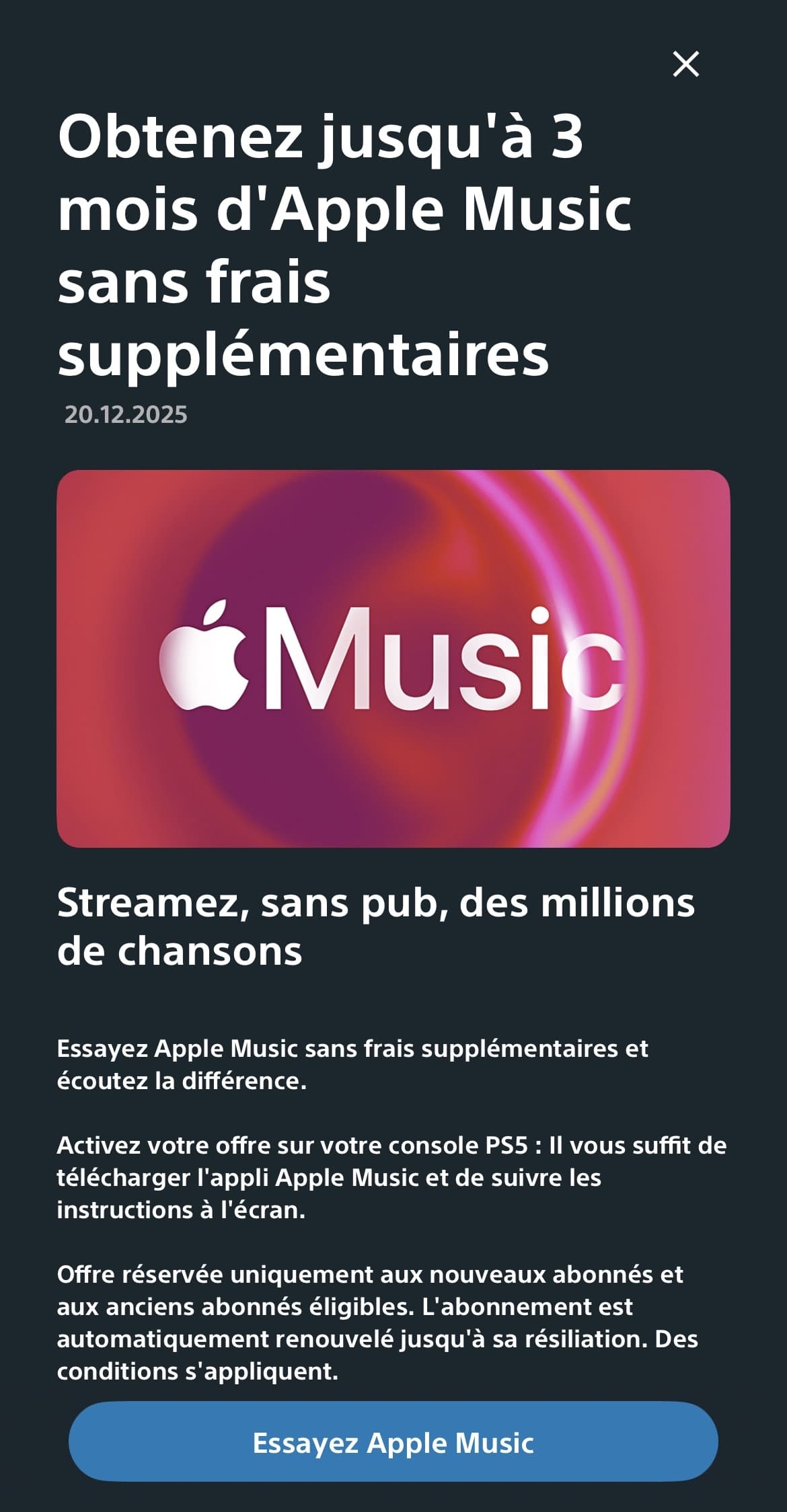 [Via PS5] Jusqu'à 3 mois d'Apple Music sans frais supplémentaires